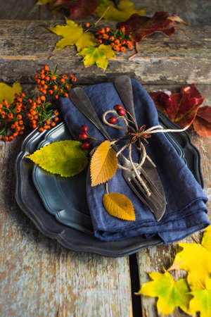 Autumnal table setting with bright red and orange wild berries on rustic background with copyspace
