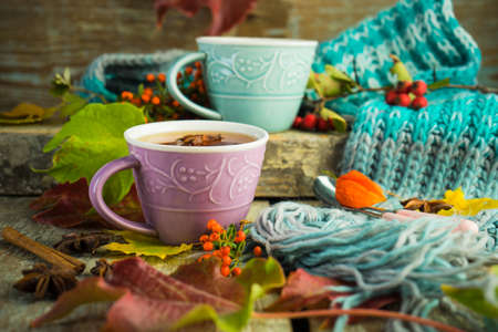 Autumnal concept with cup of tea with lemon, cinnamon stick and anise star on rustic wooden  background full of bright yellow leavesの写真素材