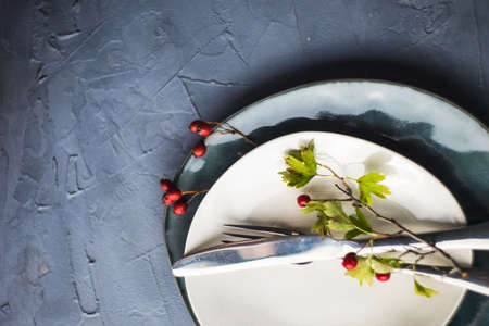 Autumnal table setting with bright red and orange wild berries on rustic background with copyspace