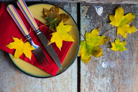 Autumnal table setting with bright red and orange wild berries on rustic background with copyspaceの写真素材