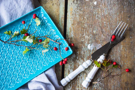 Autumnal table setting with bright red and orange wild berries on rustic backgroundの写真素材