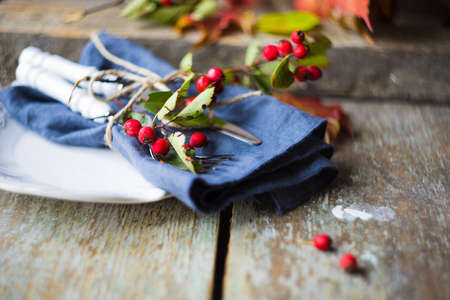 Autumnal table setting with bright red and orange wild berries on rustic backgroundの写真素材