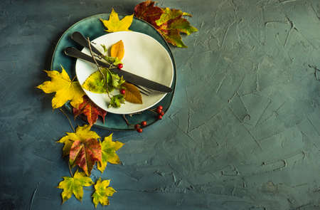 Autumnal table setting with bright red and orange wild berries on rustic background with copyspaceの写真素材