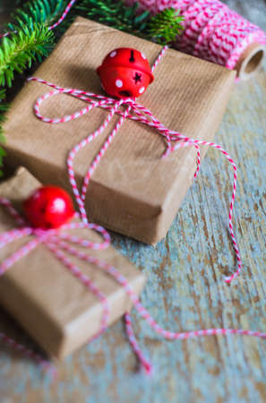 Christmas presents in rustic style with holiday decorations, selective focusの写真素材
