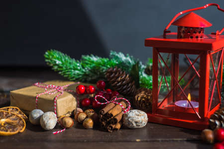 Christmas frame with fir tree and decoration on wooden background with copy spaceの写真素材