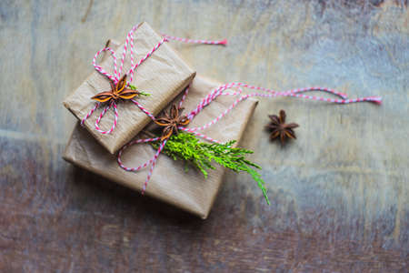 Christmas present on wooden background with copy spaceの写真素材