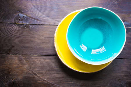 Rustic table setting on vintage wooden table with copyspaceの写真素材