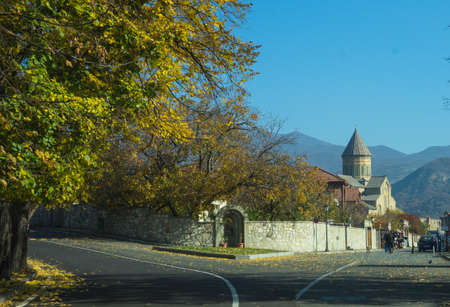 Old part of georgian ancient capital Mtskheta with view to Svetitskhoveli cathedralの写真素材