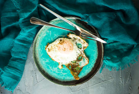 Traditional european breakfast with fried eggs on rustic plate