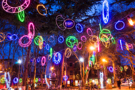 Georgia - Tbilisi. Christmas and New 2018 year  illumination on Round Garden and Little Prince foutain in historical centre of Tbilisi, capita city of Republic of Georgia in Caucasus region. 30.12.1017のeditorial素材