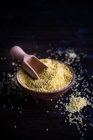 organic raw millet seeds in a rustic bowl on wooden table with copyspace