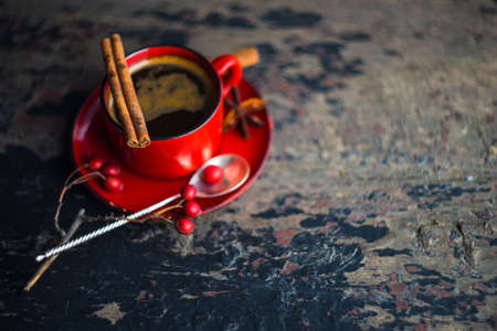 Traditional breakfast with cup of coffee and boiled egg on old rustic table with copyspaceの写真素材