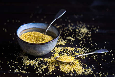 organic raw millet seeds in a rustic bowl on wooden table with copyspaceの写真素材