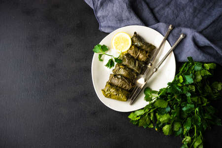 Traditional georgian dolma in grape leaves on rustic wooden table with copyspaceの写真素材