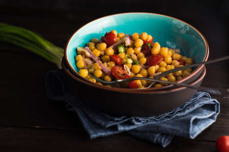 Homemade spicy vegetarian stew with chickpeas and vegetables on rustic wooden background with copy...