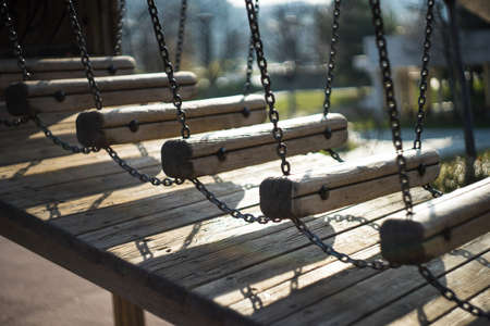 Old wooden stair in playground in cityparkの写真素材