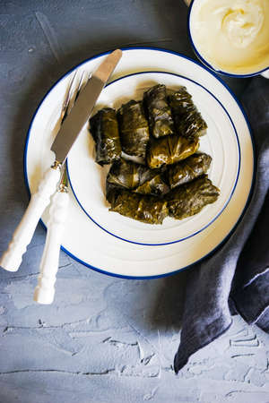 Traditional georgian dolma in grape leaves on rustic wooden table with copyspaceの写真素材