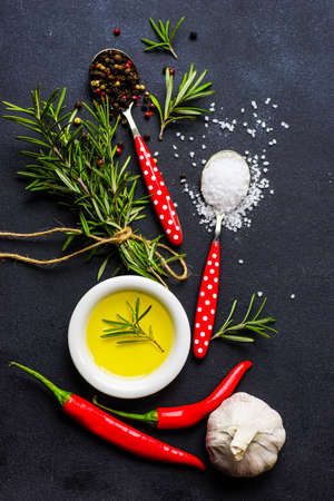 Organic food cooking concept with fresh spices on dark background with copyspace