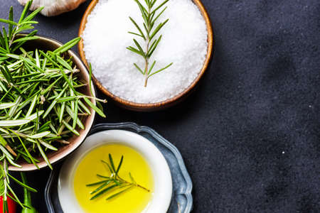 Organic food cooking concept with fresh spices on dark background with copyspaceの写真素材