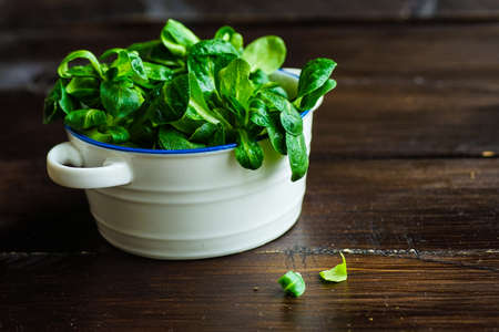 Healthy food concept -  corn salad leaves on rustic background wih copyspaceの写真素材