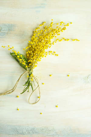 Spring frame with fresh mimosa flowers on wooden backgroundの写真素材