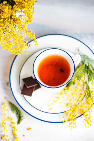 Spring concept with cup of tea and bright yellow mimosa flowersの写真素材