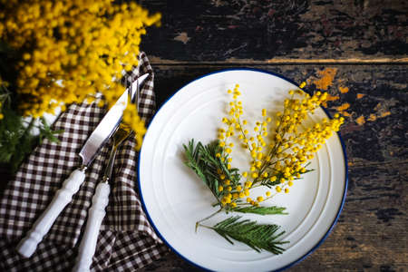 Spring table setting with bright yellow mimosa flowersの写真素材