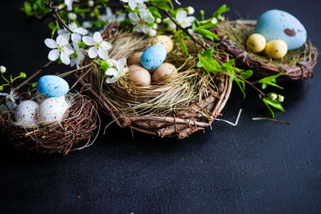 Easter holiday card with easter eggs and birds on rustic wooden background with copy spaceの写真素材