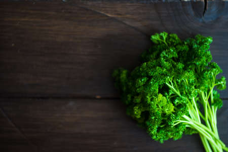 Fresh parsley herb on dark wooden background with copy space
