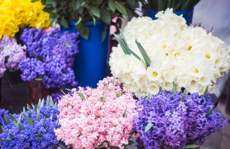 Daffodils and hyacinth flowers on street flowers marketの写真素材