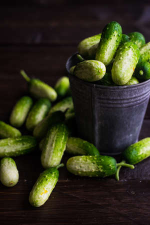 Organic cucumbers on rustic wooden background with copy space as a healthy food conceptの写真素材
