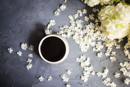 Cup of coffee and white Viburnum opulus 'Roseum' on rustic background