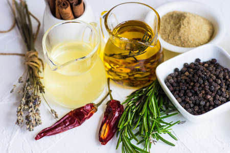 Organic food concept with different spices and herbs on  rustic background with copy spaceの写真素材