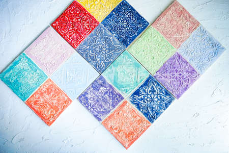 Bright colors moorish style tiles on rustic background with copa spaceの写真素材
