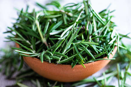 Rustic bowl full of rosemary herb on textile backgroundの写真素材