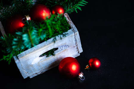 Christmas frame with gift boxes, balls and christmas tree
