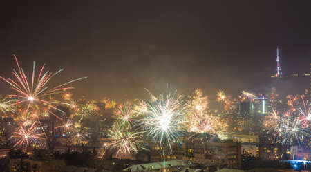 Georgia - Tbilisi. Meeting New 2018 year with fireworks over the central part of Tbilisi, capita city of Republic of Georgia in Caucasus region. 31.12.1017-01.01.2018のeditorial素材