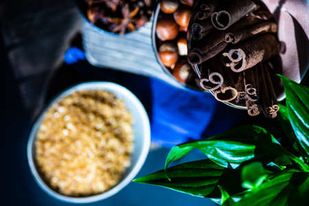 Baking holiday concept with spices and sugar for cookies making