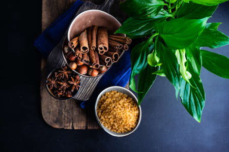 Baking holiday concept with spices and sugar for cookies makingの写真素材