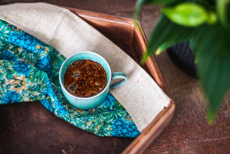 Cup of black coffee on rustic background with copy spaceの写真素材