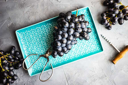 Different grapes and red wine on rustic background with copy space