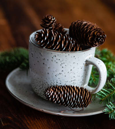 Festive table setting with ceramic plate and cup full of pine cones and decor on wooden backgroundの写真素材