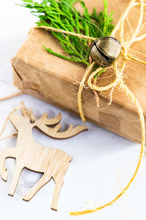 Christmas holiday card concept with gifts on white background with copy spaceの写真素材