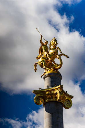 TBILISI, GEORGIA, 2018, October 06: Statue of St. George on Freedom square during celebration of city day in georgian capital, Tbilisi, Republic of Georgiaのeditorial素材