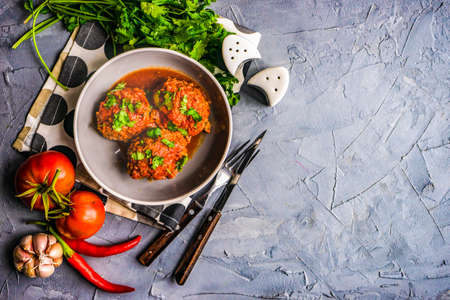 Meatballs in spicy tomato sauce with coriander and garlic on rustic tableの写真素材