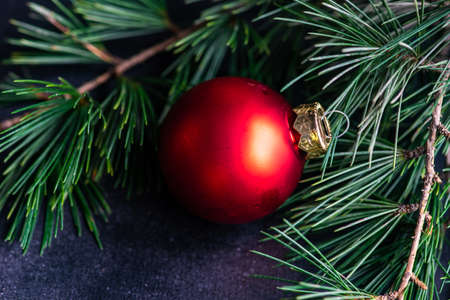 Festive Christmas frame with balls and fir tree on dark wooden background with copy spaceの写真素材