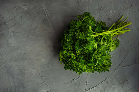 Fresh organic parsley herb on rustic background with copy spaceの写真素材