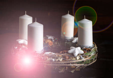 Christmas interior concept with candles and spice decor on rustic background with copy spaceの写真素材