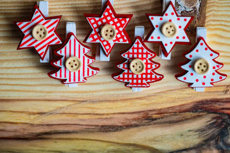 Christmas decor on wooden background with copy space