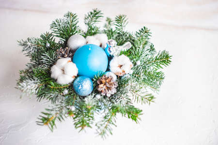 Christmas interior concept with candles and spice decor on rustic background with copy spaceの写真素材